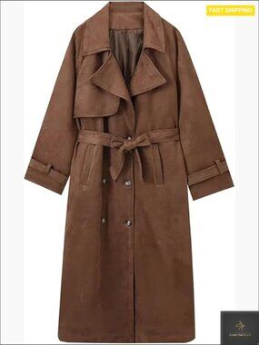 Faux Suede Trench Coat Double Breasted Belted Slim Fit Ankle Length Jacket